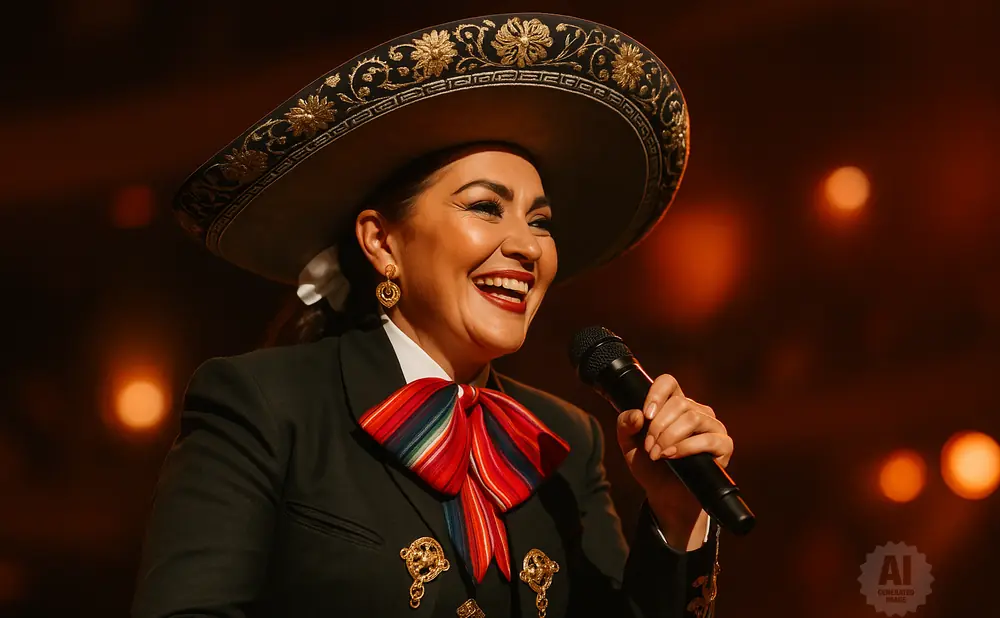 A woman in a mariachi hat and suit smiles and sings into a microphone.