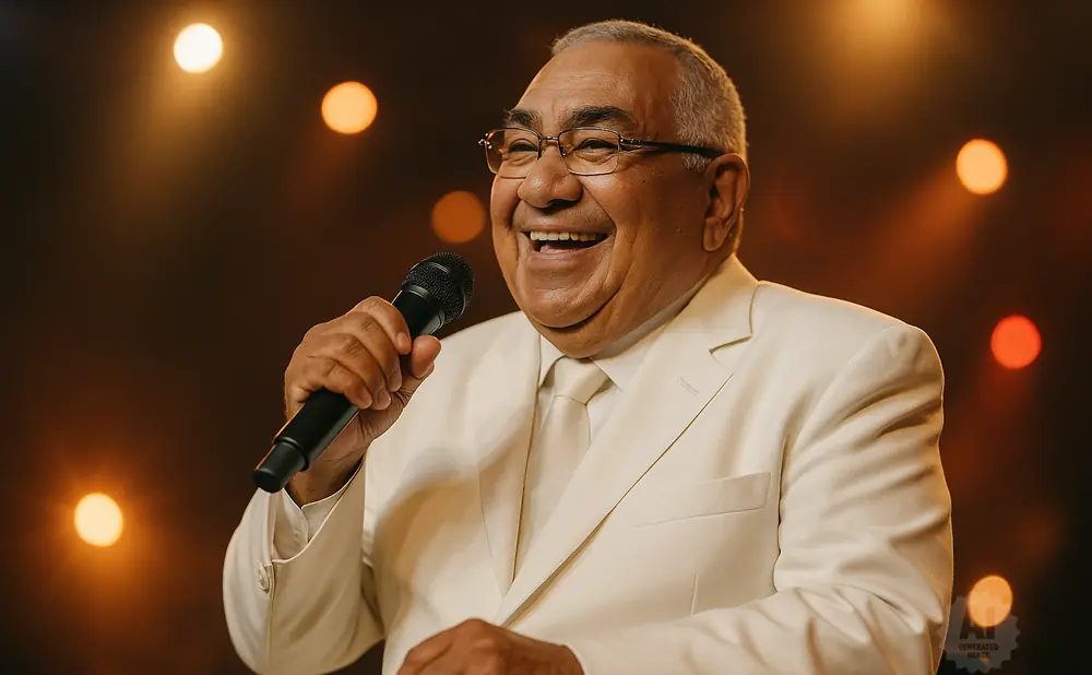 A man in a white suit and tie, wearing glasses, smiles while holding a microphone.