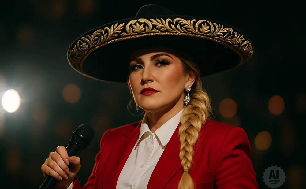 Woman in a red suit and sombrero holding a microphone, with a spotlight behind her.
