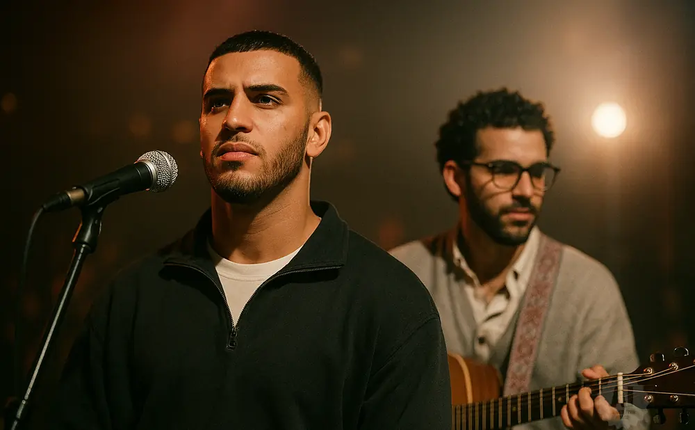 Singer in front of a microphone with a guitarist in the background.