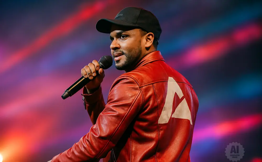 Man in a red leather jacket and black cap holding a microphone, performing on stage with colorful lights.