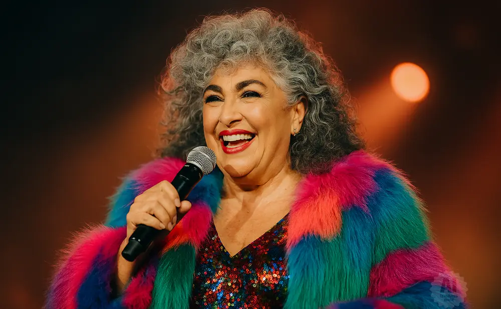 A smiling woman with grey curly hair wears a colorful fur coat and sequined top while holding a microphone.