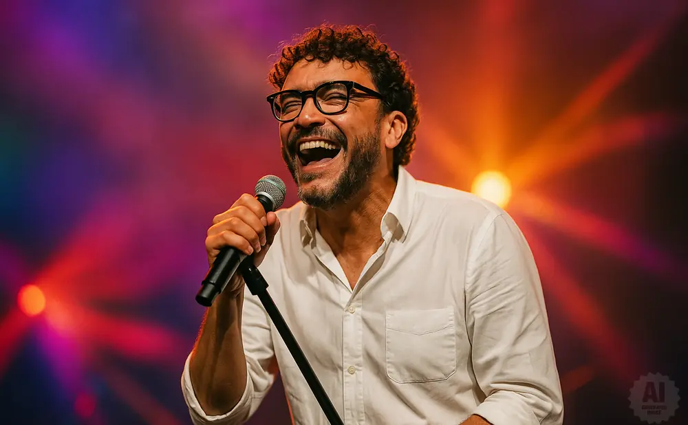 A man with curly hair and glasses sings into a microphone on a colorful stage.