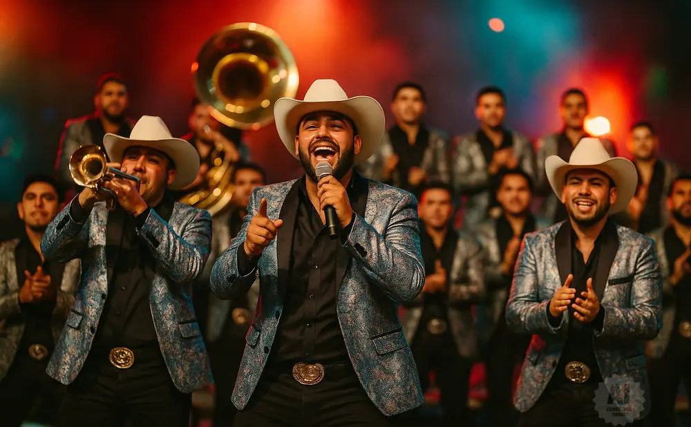 A mariachi band performs on stage, with the lead singer in a patterned jacket and cowboy hat.