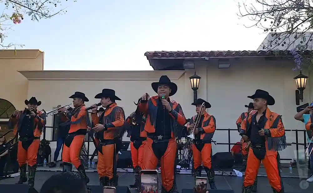 banda maguey in black and orange performing on stage