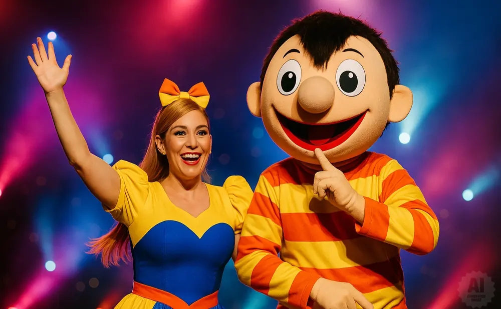 A woman in a yellow and blue dress waves as a character in a striped shirt holds a finger to his lips.
