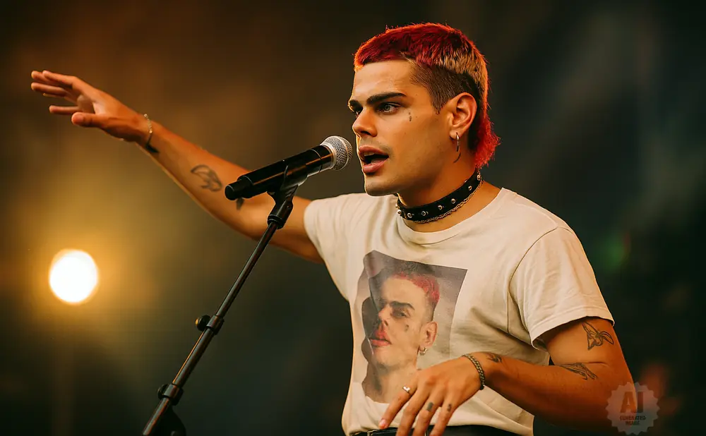 A musician with red and blonde hair sings into a microphone, wearing a t-shirt with a portrait.
