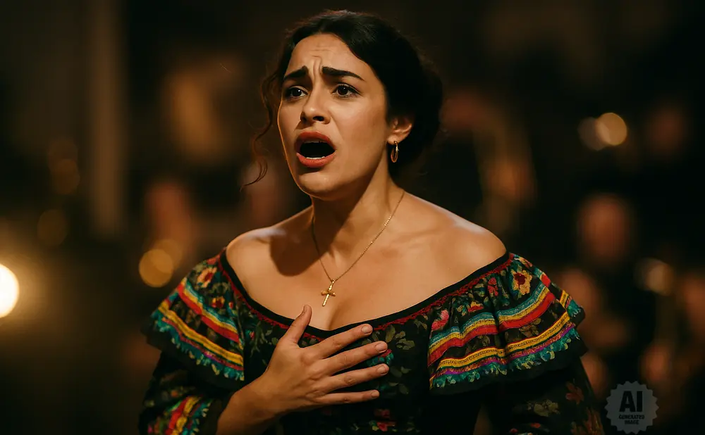 A woman in a colorful dress sings with her hand over her heart.