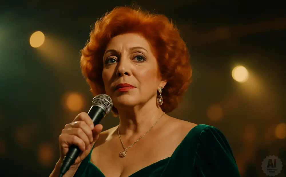 Woman with red hair and a green dress sings into a microphone, illuminated by stage lights.