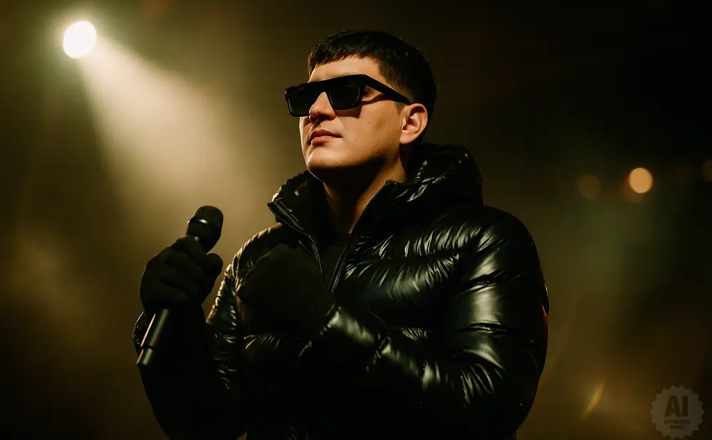 Man in shiny black puffer jacket and sunglasses holds a microphone while illuminated by a spotlight.