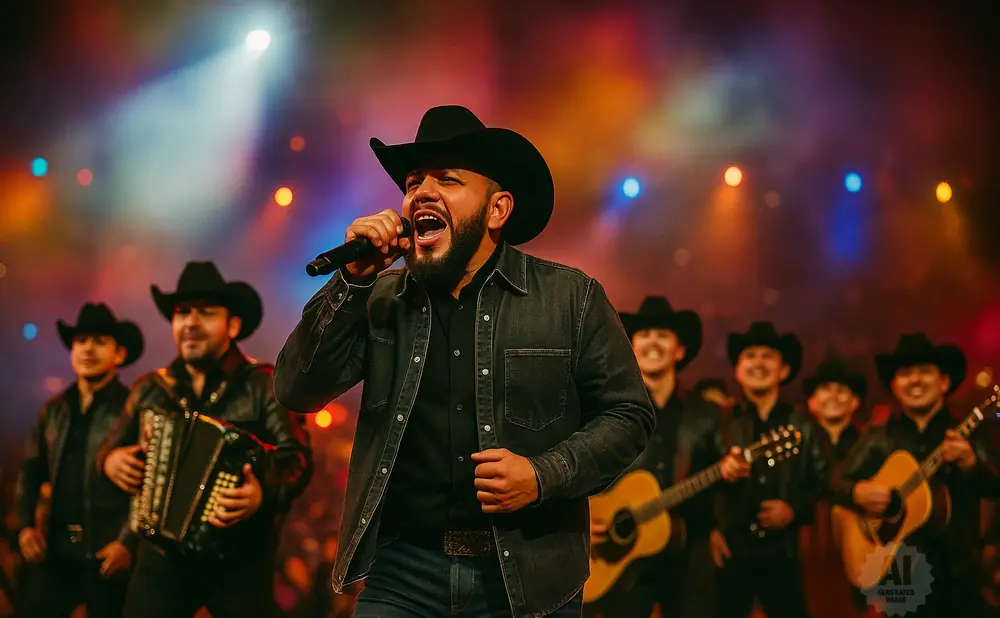 A band performs on stage under colorful lights. The lead singer wears a cowboy hat and sings into a microphone.