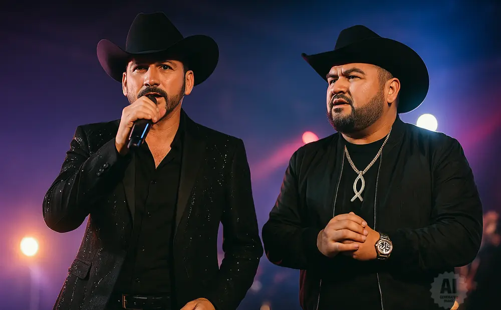 Two men wearing black cowboy hats and dark clothing, one singing into a microphone, perform on stage with colorful lighting.