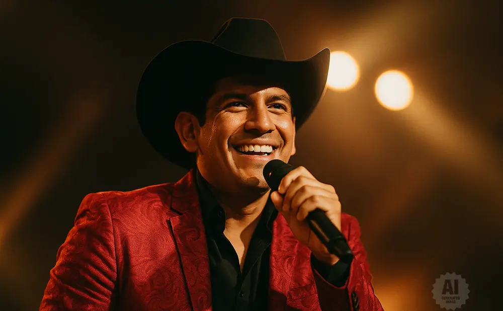 A man in a cowboy hat and red suit smiles while holding a microphone on stage.