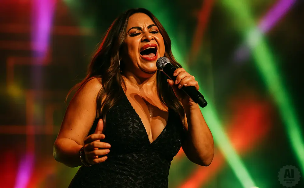 A woman in a black dress sings into a microphone on a stage with colorful lights.