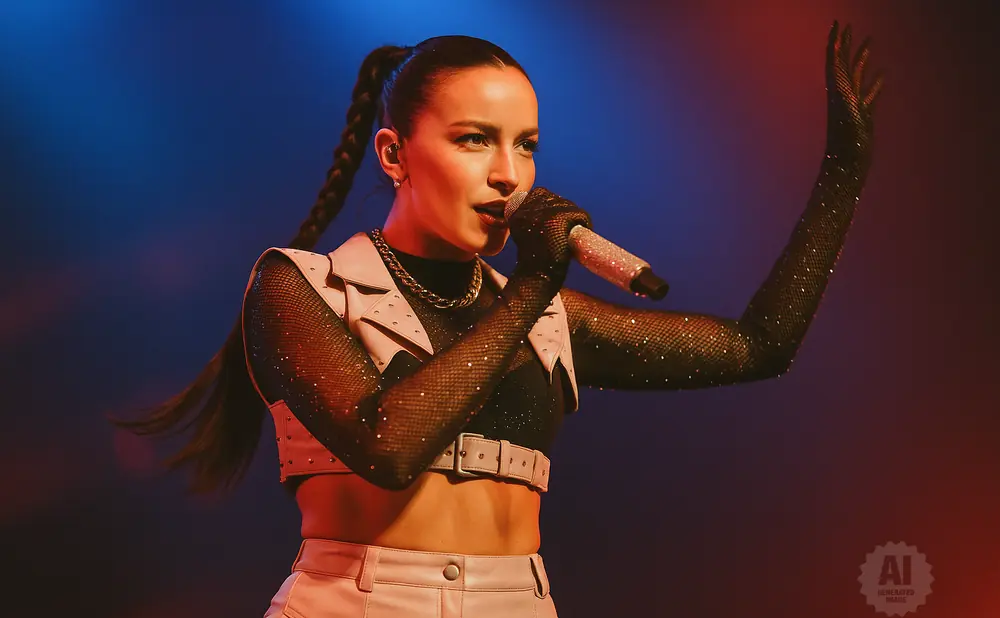 A singer performs on stage, wearing a black sparkly top, white vest, and light pants, holding a microphone.