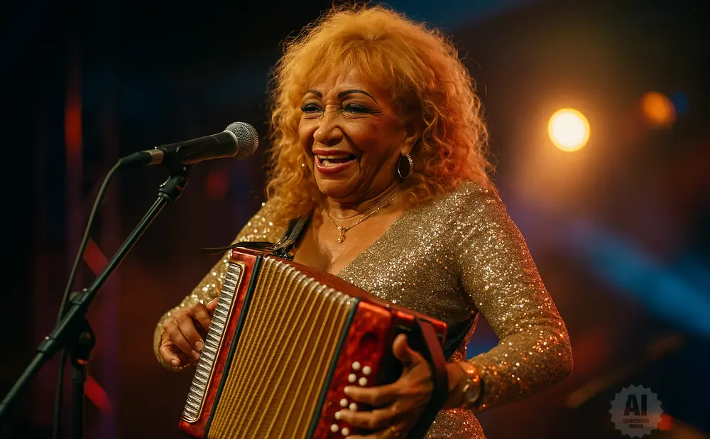 A woman with blonde curly hair plays an accordion on stage, wearing a sparkly gold dress and singing into a microphone.