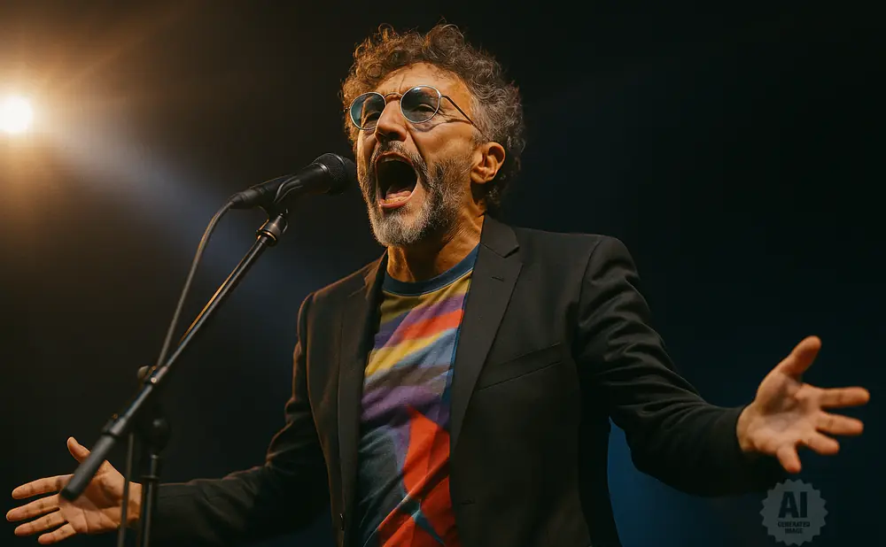 A man with curly hair and glasses sings into a microphone, wearing a suit and a colorful t-shirt.