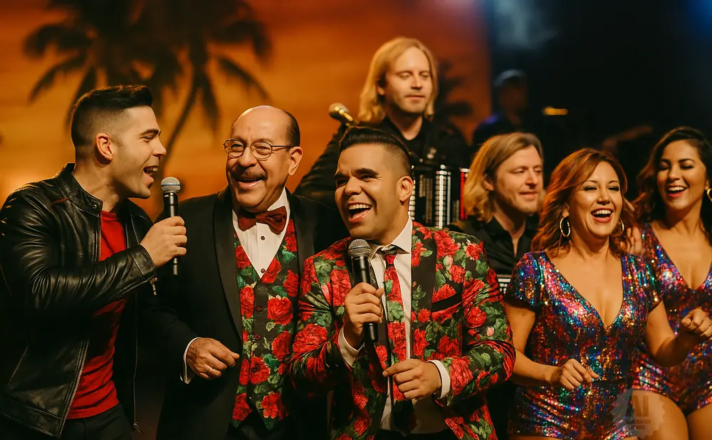 Band members perform on stage, with two men in floral suits, one in a leather jacket, and two women in sparkly outfits.