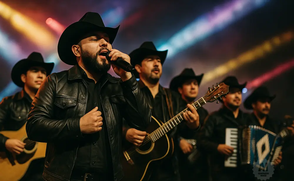 A band of men in cowboy hats and black leather jackets perform on stage, with the lead singer holding a microphone.