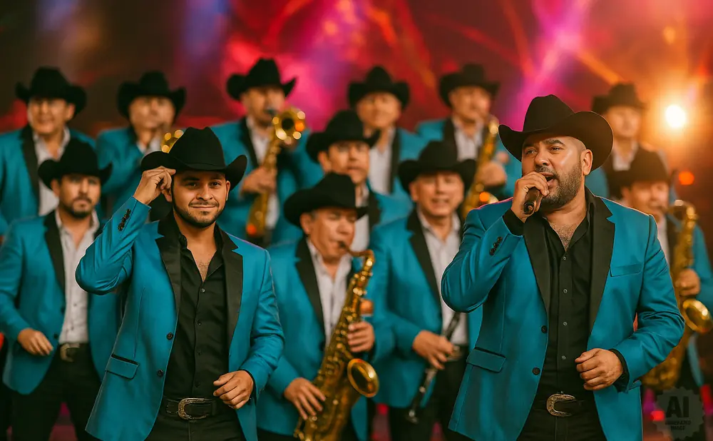 A band in blue jackets and cowboy hats performs on stage.