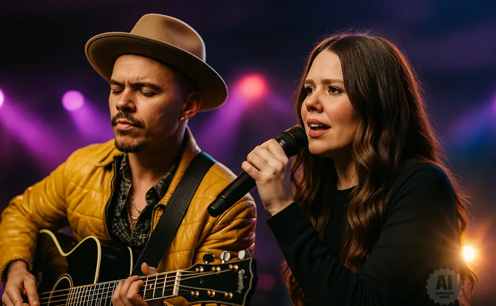 A man in a tan hat plays guitar while a woman sings into a microphone, illuminated by purple stage lights.
