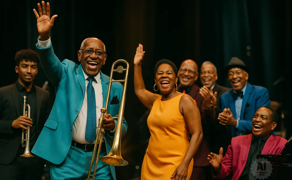 A jazz band smiles and waves on stage.