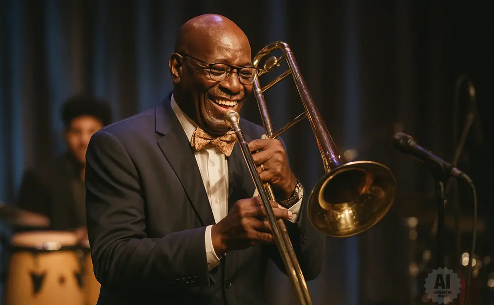 Man in a suit laughs while playing a trombone on stage.