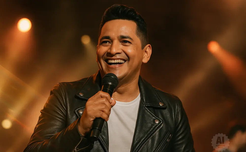 A man in a leather jacket smiles widely while holding a microphone on a stage with warm lighting.