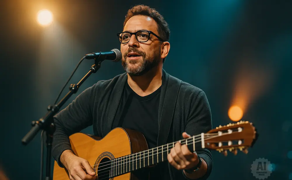 A man with glasses and a beard plays an acoustic guitar and sings into a microphone.
