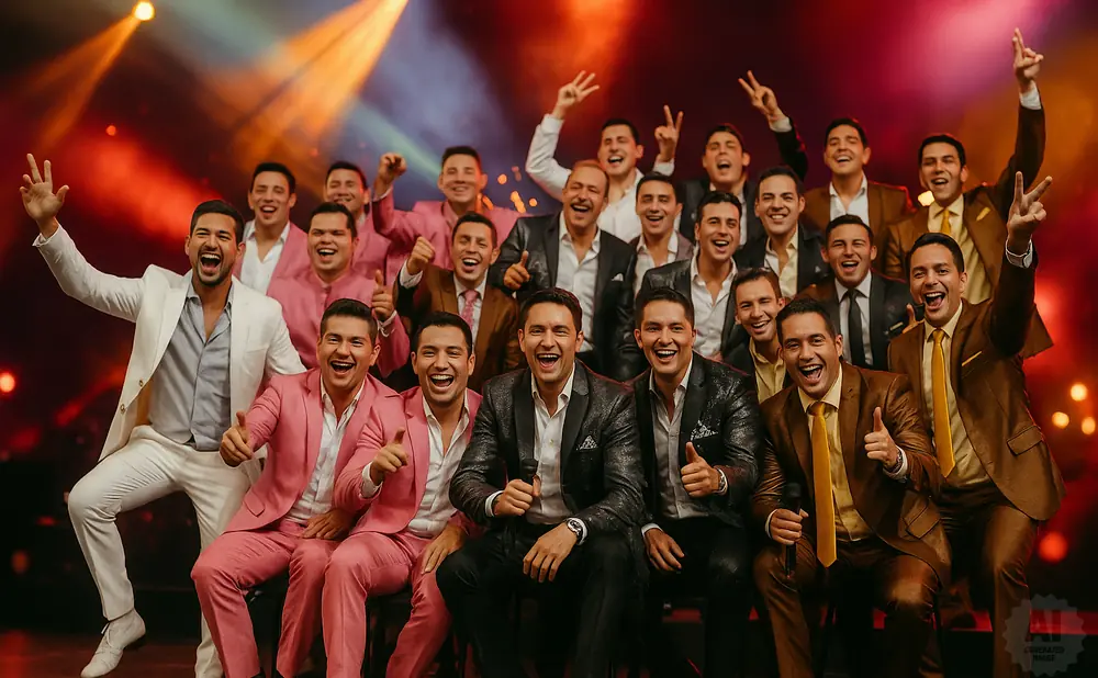 A group of men in matching pink and brown suits pose for a picture with bright lights behind them.