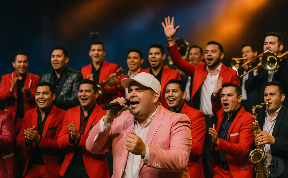 A male singer in a pink suit and white cap sings into a microphone, backed by a band in red suits.