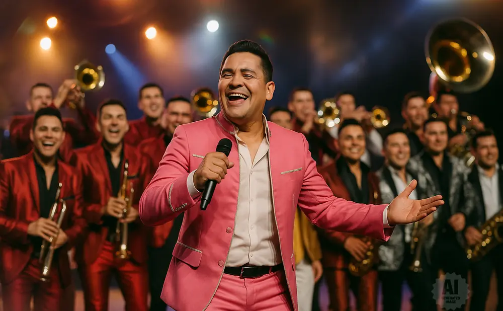 A male singer in a pink suit smiles while holding a microphone, with a band in the background.