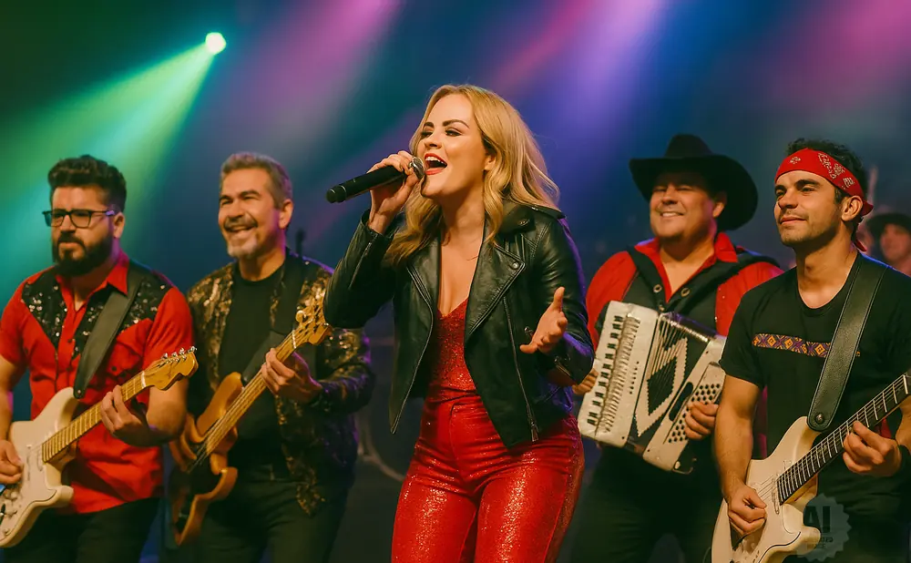 A female singer in a black leather jacket and red sequined pants performs with a band on stage.