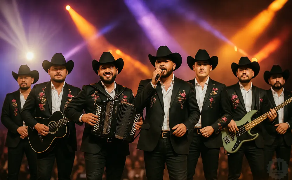 A band of six men wearing cowboy hats and black suits with floral embroidery, performing on stage.