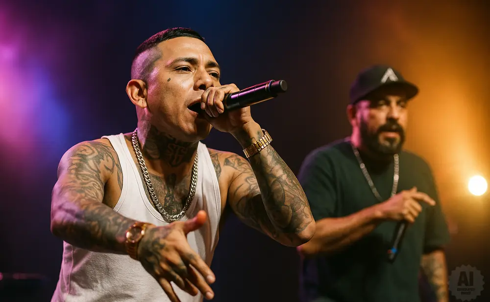 Rapper with tattoos and a gold chain performs into a microphone, with another person blurred in the background.