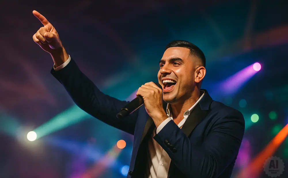 Man in a blue suit singing into a microphone, pointing his finger up at a concert.