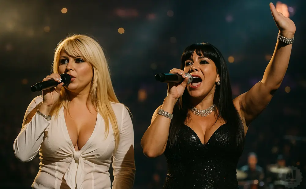 Two women singing into microphones on stage. The woman on the left has blonde hair and wears a white top. The woman on the right has dark hair and wears…