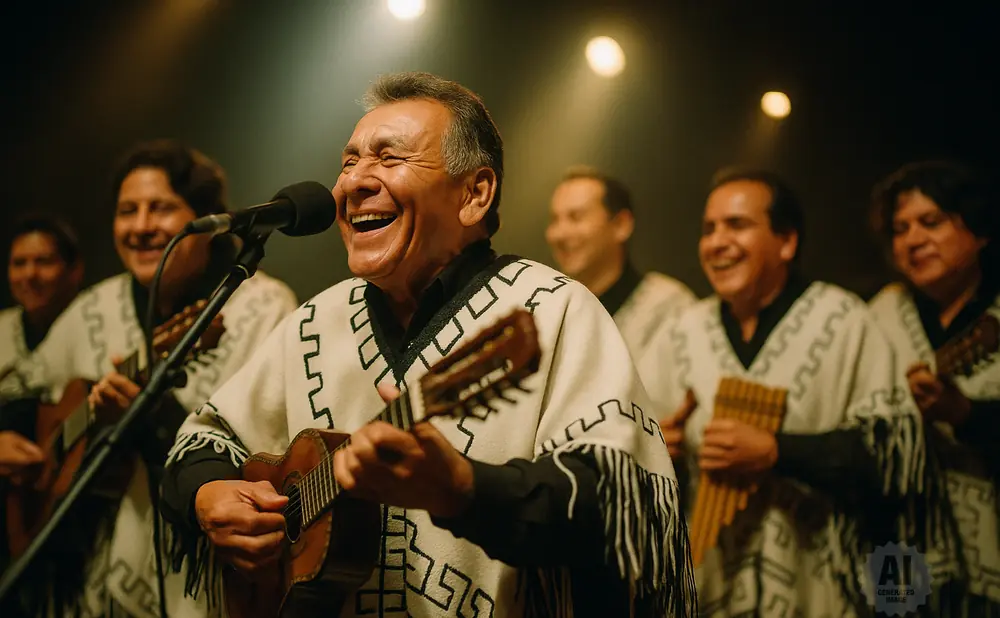 A group of male musicians in traditional ponchos perform on stage, with the lead singer laughing and playing a ukulele.