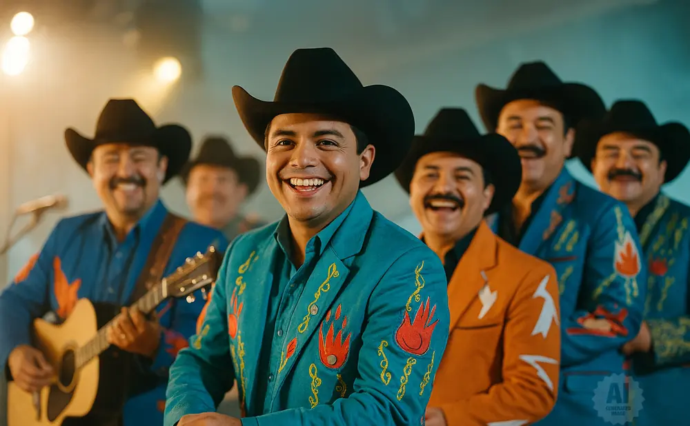 A group of men in cowboy hats and colorful embroidered jackets smile and pose. One man in front plays a guitar.