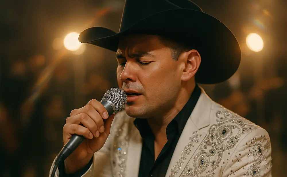 A man in a black cowboy hat and a sparkling blazer sings into a microphone.
