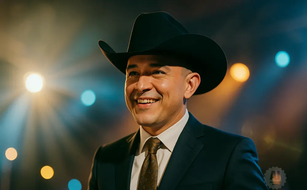 Man in a black cowboy hat and suit smiles, lit by warm and blue spotlights.