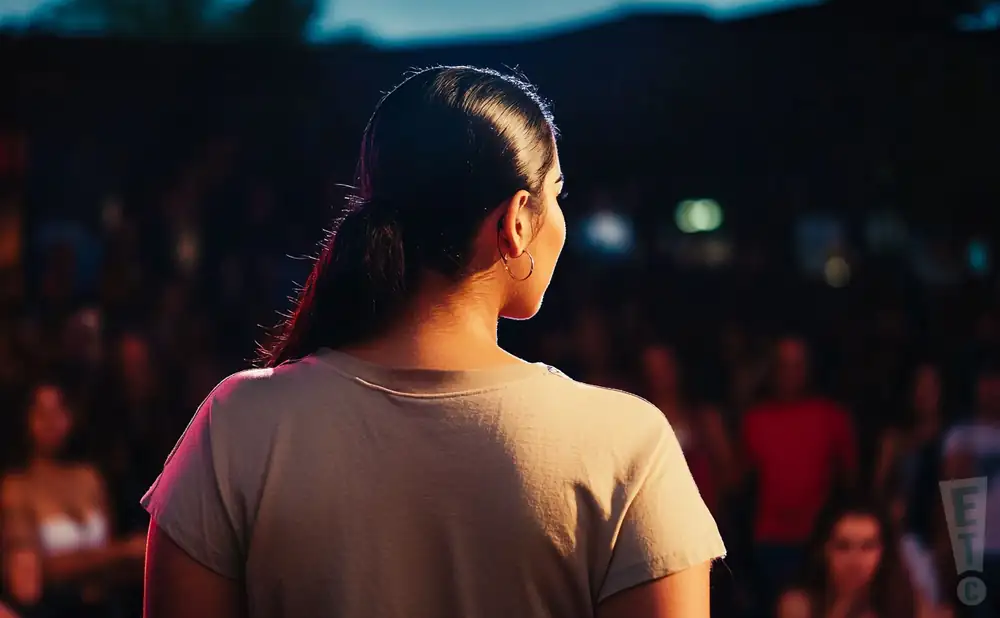 a rear view photo of maria jose llergo performing a concert on stage to a lively audience