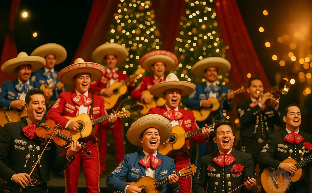A mariachi band in colorful suits and sombreros plays instruments in front of a Christmas tree.