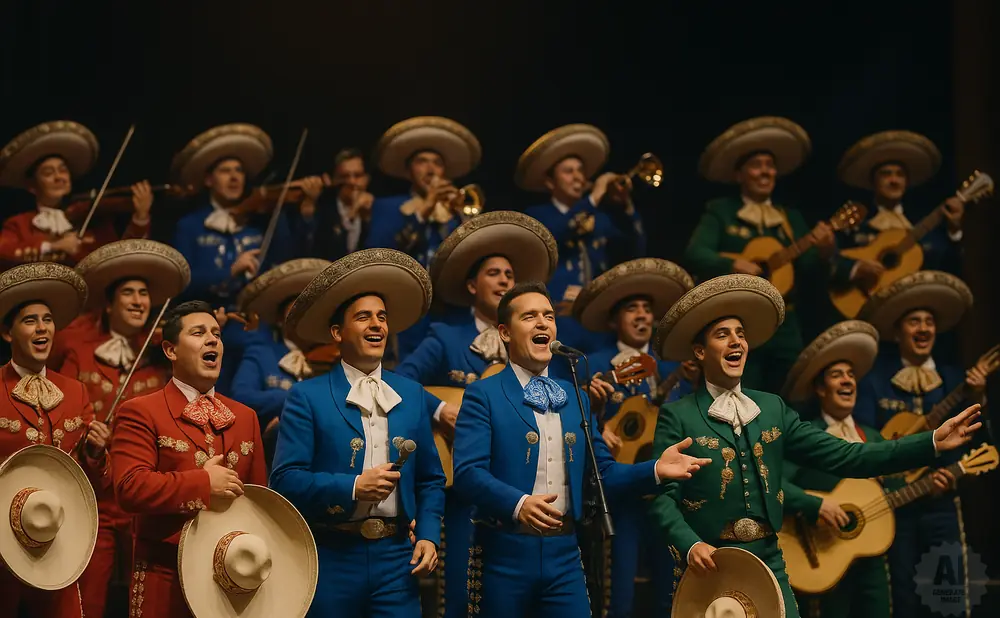 A mariachi band performs, with singers in blue and red suits and sombreros singing into microphones.
