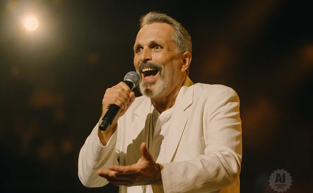 A man in a white suit sings into a microphone on a stage.