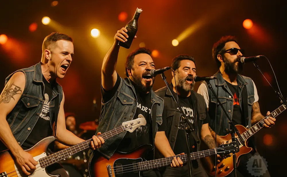 A rock band performs on stage, with members playing guitars and singing into microphones.