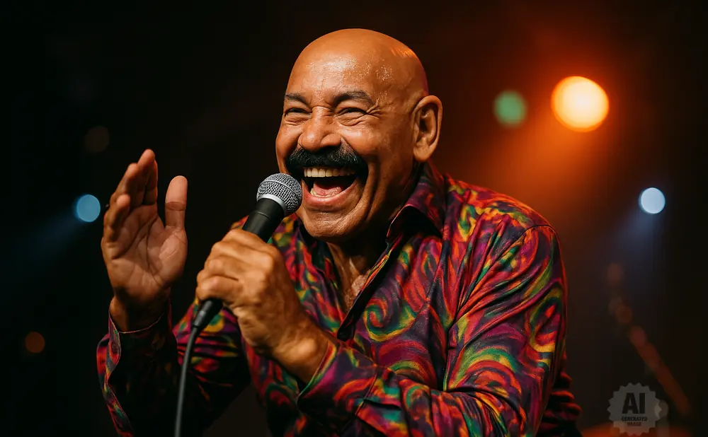 Bald man with mustache in a colorful shirt sings into a microphone, smiling with his hand raised.
