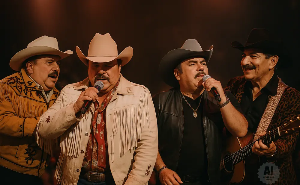 Four men in cowboy hats perform on stage, two singing into microphones, one playing guitar.