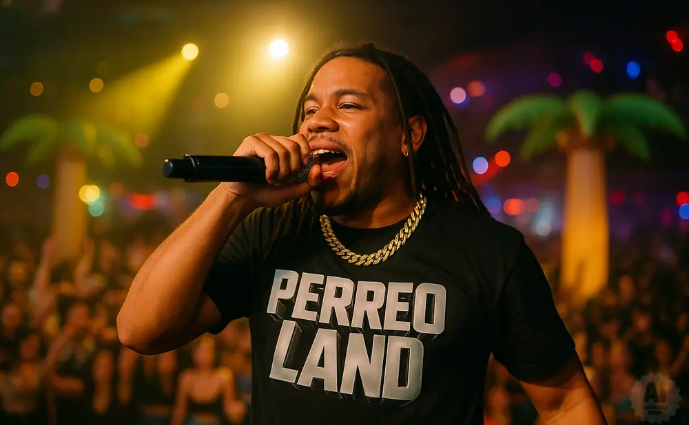 A man with dreadlocks and a gold chain raps into a microphone at a concert with inflatable palm trees in the background.