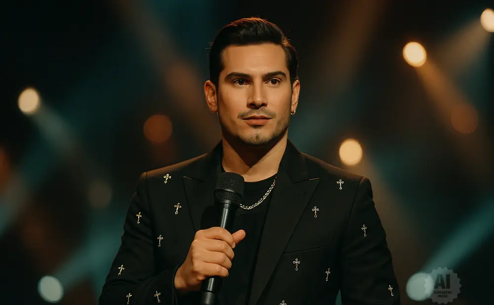 Man in a black suit with cross embellishments holds a microphone on stage.